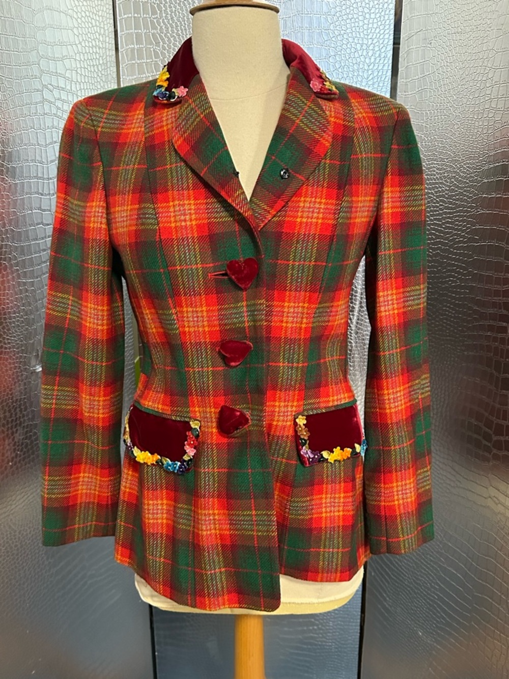 Moschino Y2K Vintage Red & Green Plaid Velvet-Trim Blazer with Floral Trim